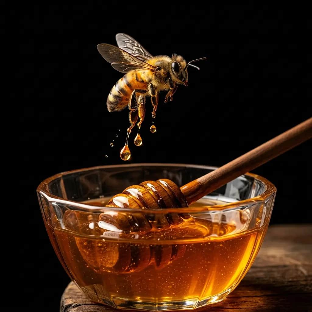 A honey bee flying over a glass bowl filled with fresh honey